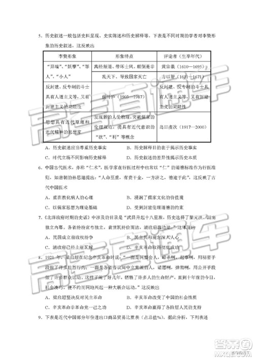 湖北省部分重点中学2019届高三第一次联考文科综合试卷及参考答案