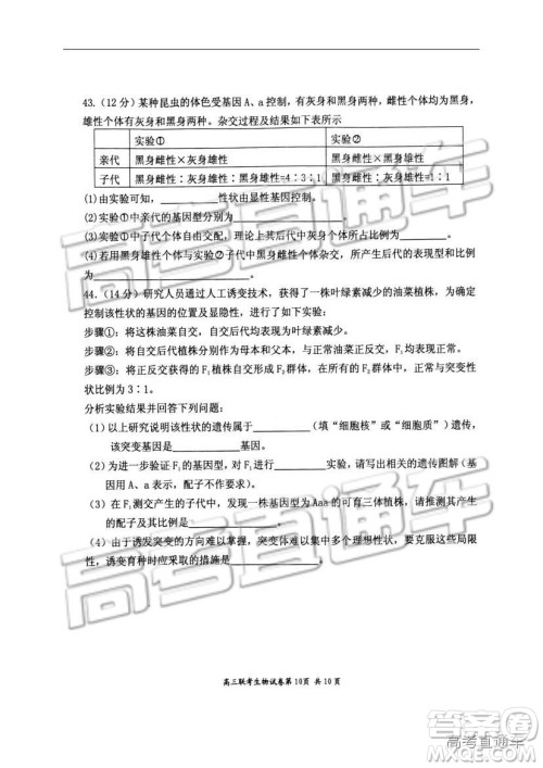 湖北省部分重点中学2019届高三第一次联考理科综合参考答案 湖北省部分重点中学2019届高三第一次联考理科综合参考答案