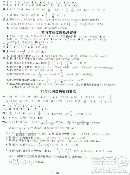 2018年阳光同学一线名师全优好卷六年级下册数学人教版参考答案