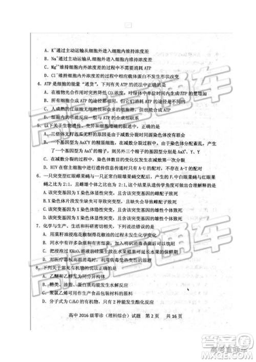 2019四川省仁寿县高三11月份零诊测试理综试题及参考答案