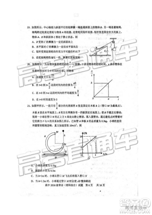 2019四川省仁寿县高三11月份零诊测试理综试题及参考答案