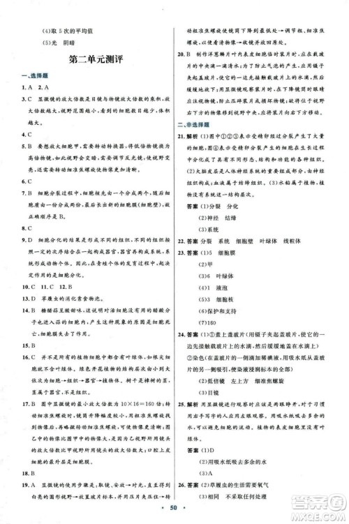 2018新版七年级生物学初中同步测控优化设计上册人教版参考答案