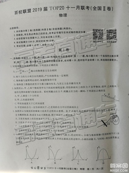 百校联盟2019届TOP20十一月联考全国Ⅱ卷物理试卷及参考答案