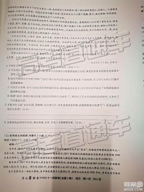 2019百校联盟TOP20十一月联考全国Ⅰ卷语文试题及参考答案