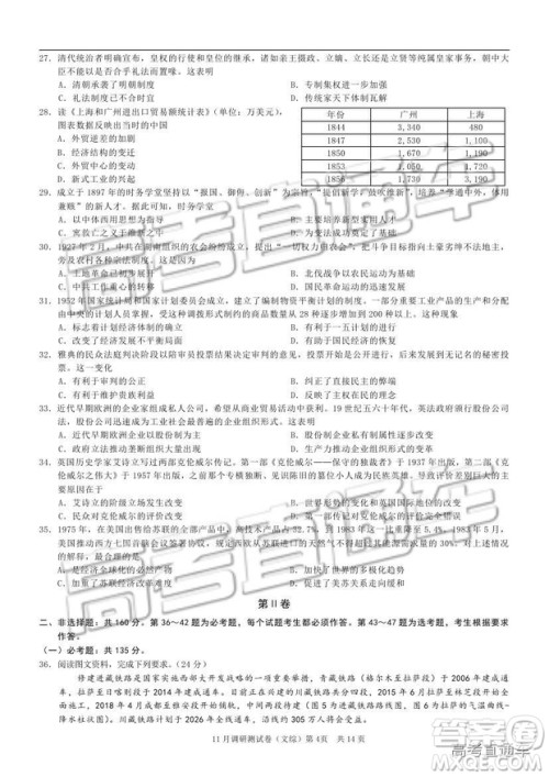 2019重庆市普通高等学校招生全国统一考试11月调研测试文综试题及参考答案 2019重庆市普通高等学校招生全国统一考试11月调研测试文综试题及参考答案
