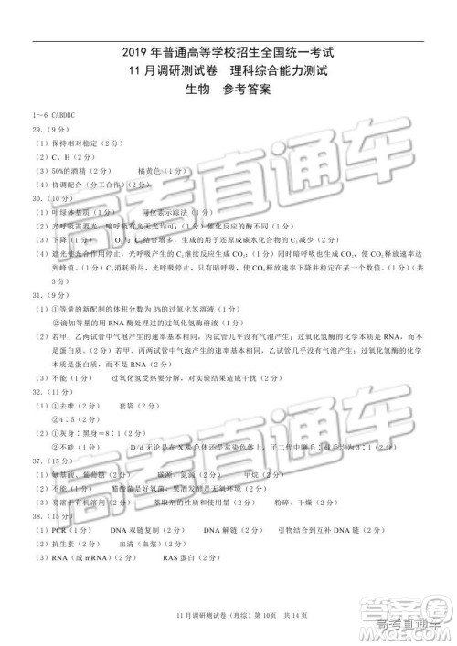 2019重庆市普通高等学校招生全国统一考试11月调研测试理综试题及参考答案