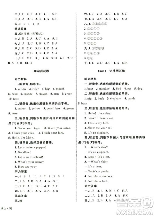 优化设计2018版单元测试卷三年级英语上册人教版参考答案