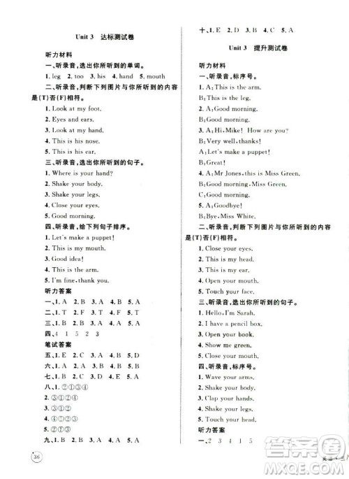 优化设计2018版单元测试卷三年级英语上册人教版参考答案