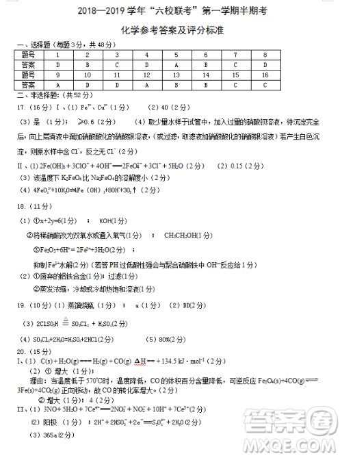 福建省六校联考2018-2019学年第一学期半期考高三化学参考答案