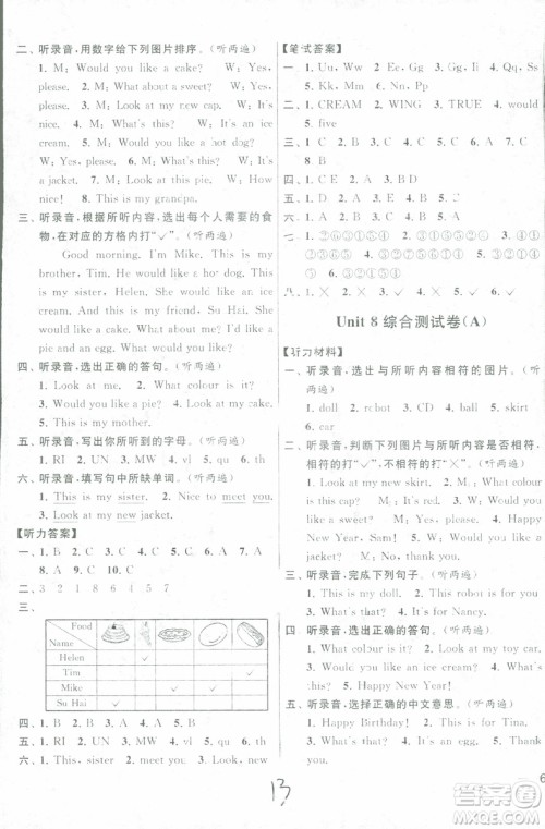 2018秋亮点给力大试卷英语三年级上册新课标江苏版参考答案 2018秋亮点给力大试卷英语三年级上册新课标江苏版参考答案