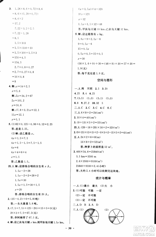 2018年小学同步测控优化设计五年级数学上册人教版参考答案