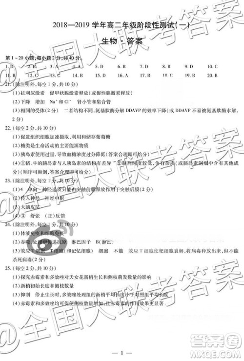 天一大联考2018—2019学年高二年级阶段性测试一理综参考答案 天一大联考2018—2019学年高二年级阶段性测试一理综参考答案