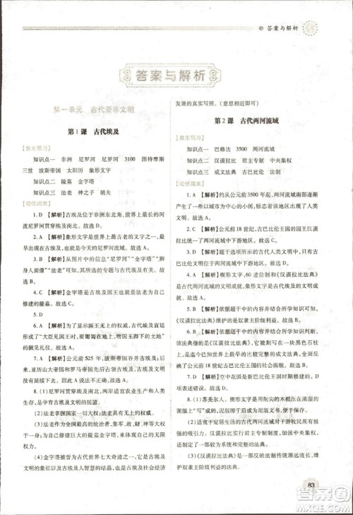 2018新版绩优学案九年级上册世界历史人教版参考答案