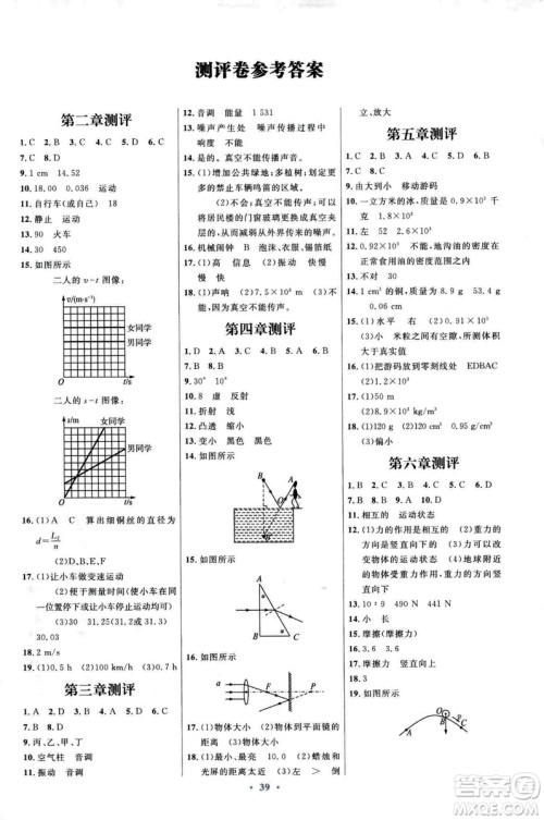 沪科版2018年初中同步测控优化设计八年级全一册物理参考答案 沪科版2018年初中同步测控优化设计八年级全一册物理参考答案