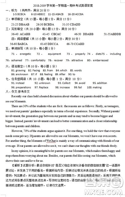 江苏省江阴四校2018-2019学年高一上学期期中考试英语试题答案 江苏省江阴四校2018-2019学年高一上学期期中考试英语试题答案