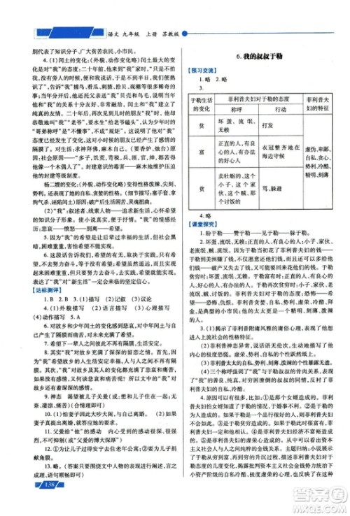 2018年绩优学案九年级语文上册苏教版参考答案 2018年绩优学案九年级语文上册苏教版参考答案