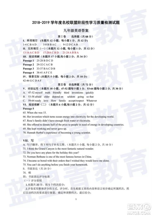 2018—2019学年度名校联盟阶段性学习质量测试题九年级英语试卷及参考答案