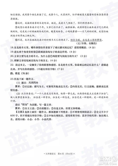 2018—2019学年度名校联盟阶段性学习质量测试题九年级语文试卷及参考答案 2018—2019学年度名校联盟阶段性学习质量测试题九年级语文试卷及参考答案
