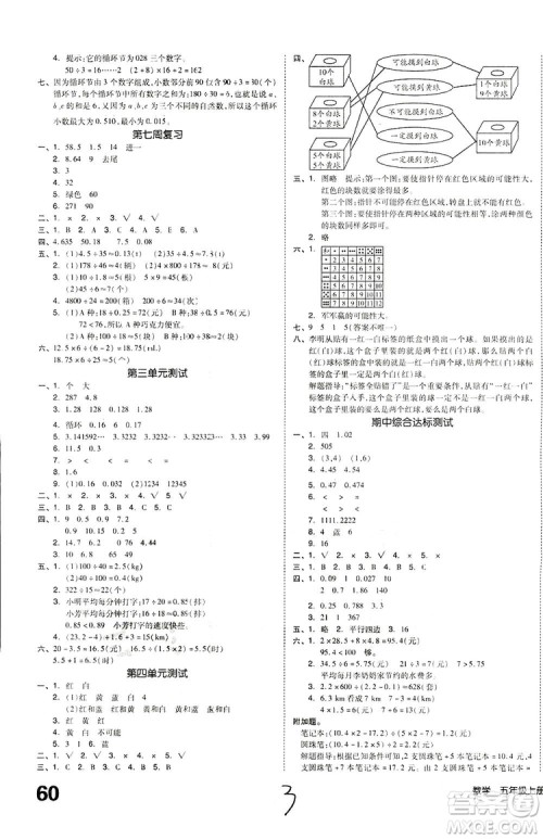 全品小复习2018数学五年级上册人教版参考答案