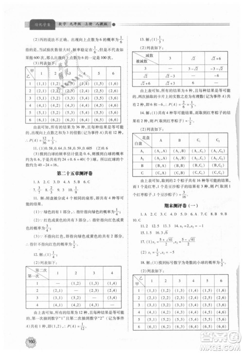 人教版2018年绩优学案九年级上下册合订本数学参考答案 人教版2018年绩优学案九年级上下册合订本数学参考答案