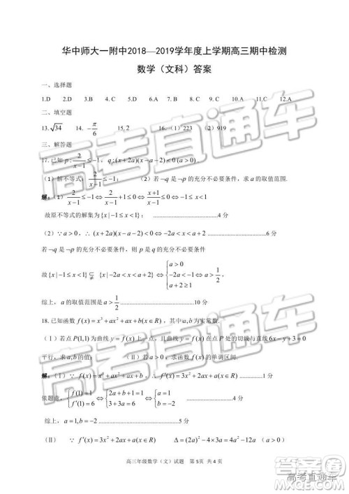 华中师大一附中2018—2019学年度上学期高三期中检测文科数学试题及参考答案 华中师大一附中2018—2019学年度上学期高三期中检测文科数学试题及参考答案