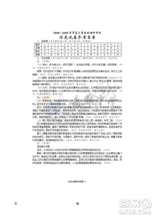 2019届湖南省长沙市长郡中学高三上学期第五次调研考试历史试题答案
