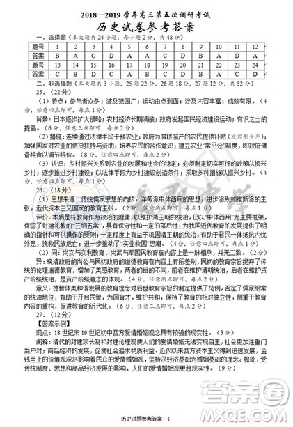 2019届湖南省长沙市长郡中学高三上学期第五次调研考试历史试题答案 2019届湖南省长沙市长郡中学高三上学期第五次调研考试历史试题答案