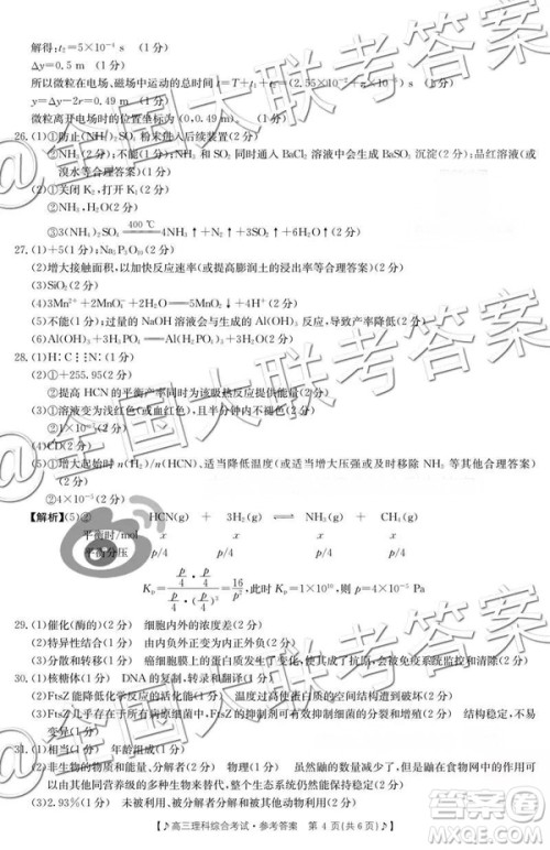 2019云南贵州金太阳联考11月联考高三理综答案