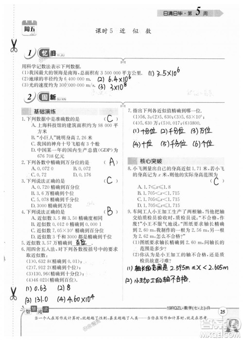 2019新版日清周练七年级数学上册人教版参考答案