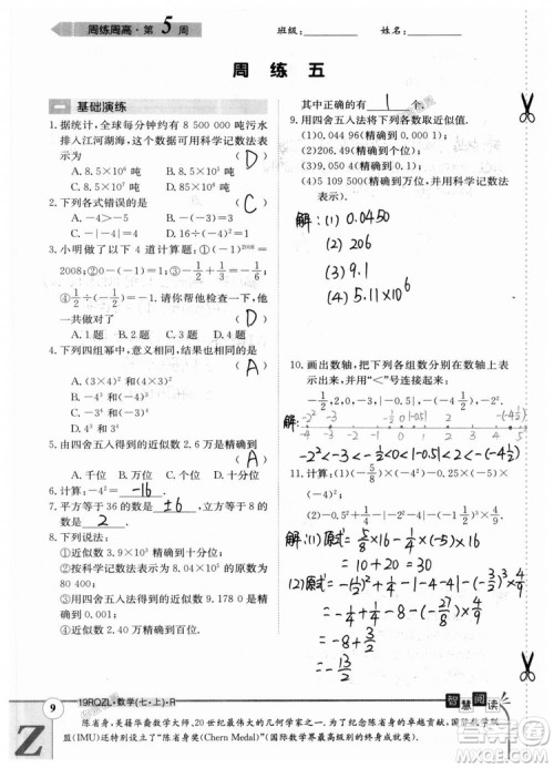 2019新版日清周练七年级数学上册人教版参考答案