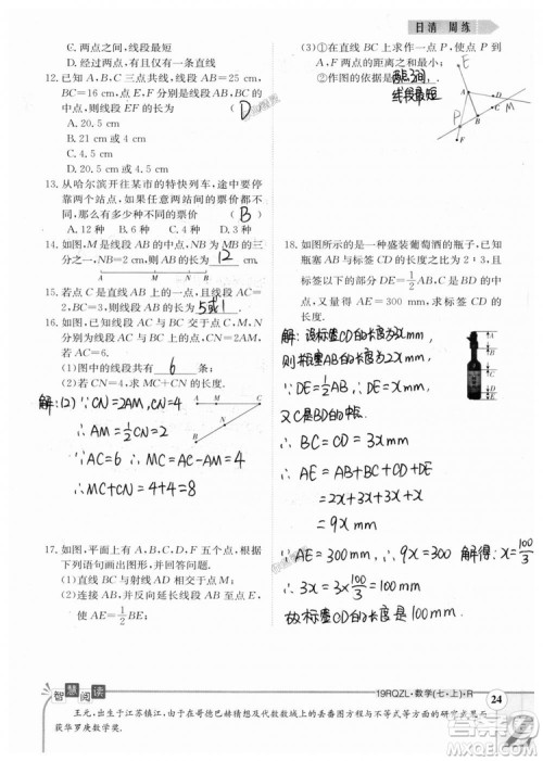 2019新版日清周练七年级数学上册人教版参考答案