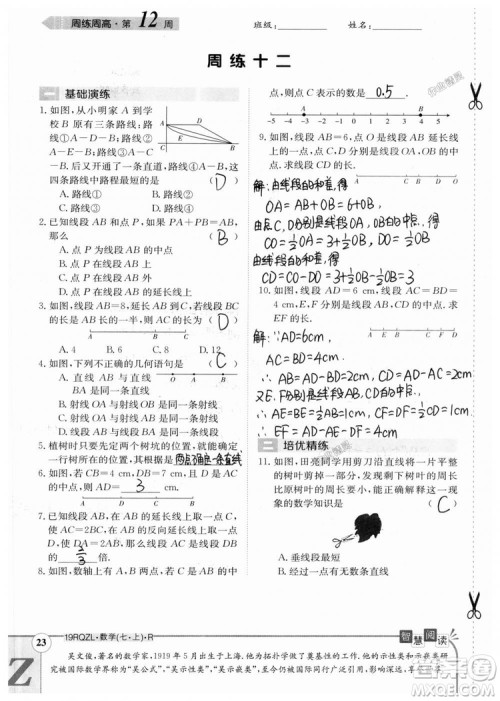 2019新版日清周练七年级数学上册人教版参考答案
