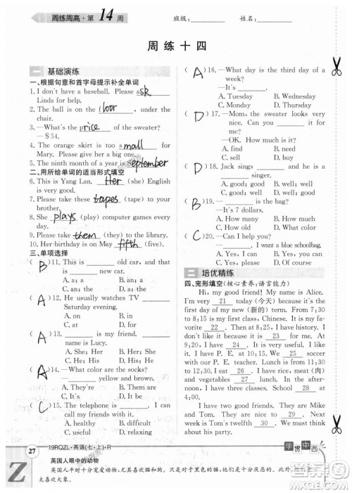 金太阳教育2019人教版日清周练七年级英语上册参考答案