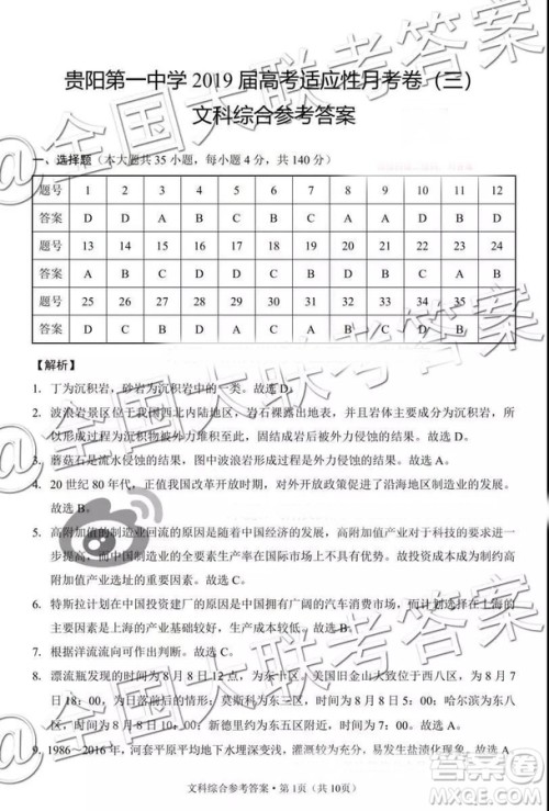 贵阳第一中学2019届高考适应性月考卷三文科综合参考答案