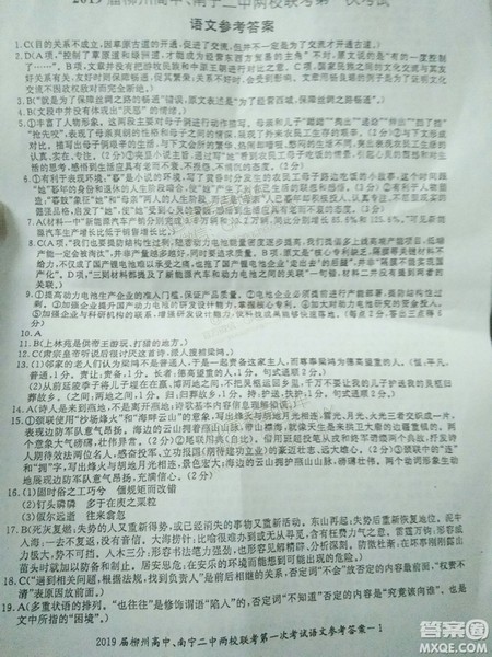 2019届广西柳州高中、南宁二中两校联考第一次考试高三语文参考答案