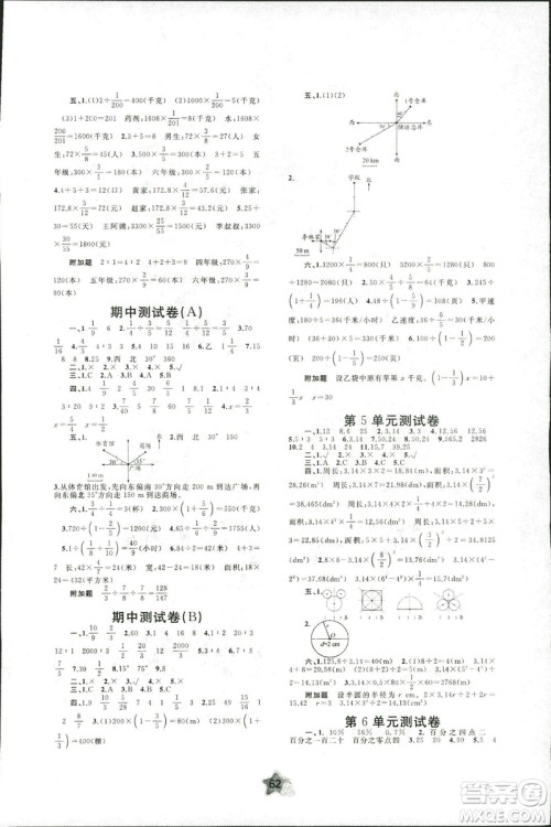 人教A版2018年新课程学习与测评单元双测六年级上册数学答案