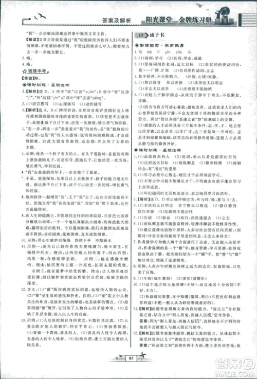 人教版福建专版阳光课堂金牌练习册2018年语文七年级上册答案