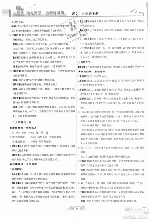 9787107328381福建专版2018秋阳光课堂金牌练习册语文九年级上册人教版答案