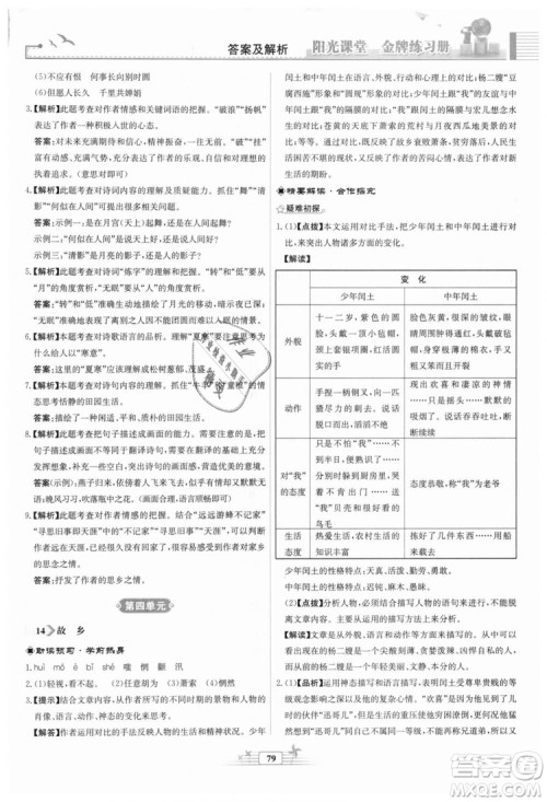 9787107328381福建专版2018秋阳光课堂金牌练习册语文九年级上册人教版答案