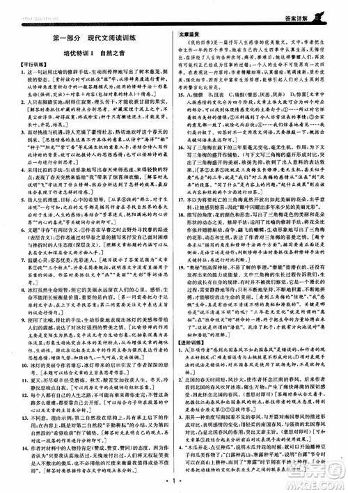 2018版优+攻略九年级语文全一册人教版衔接中考版参考答案