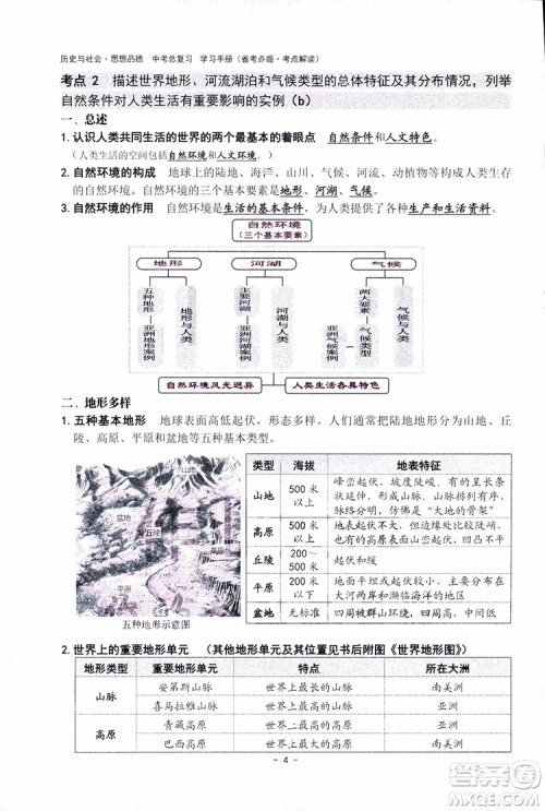 2018杨柳文化历史与社会思想品德中考总复习学习手册考点解读省考点版参考答案