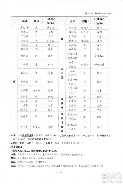 2018杨柳文化历史与社会思想品德中考总复习学习手册考点解读省考点版参考答案