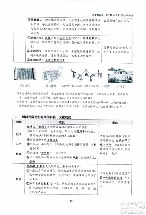 2018杨柳文化历史与社会思想品德中考总复习学习手册考点解读省考点版参考答案