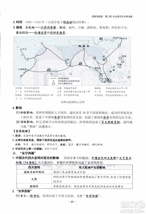 2018杨柳文化历史与社会思想品德中考总复习学习手册考点解读省考点版参考答案