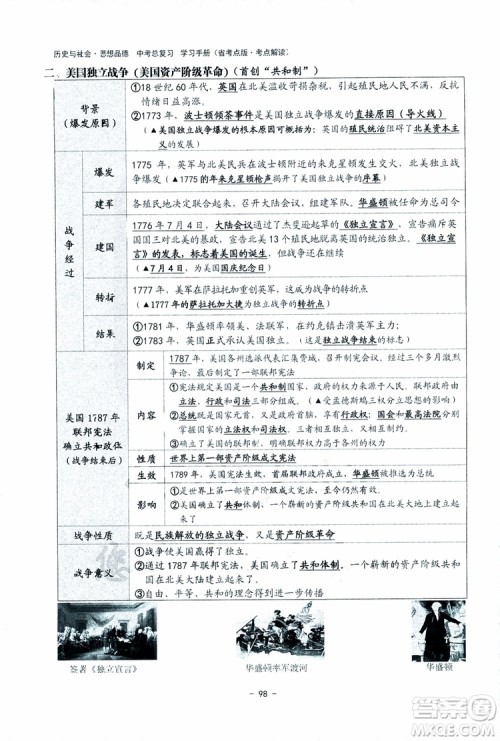 2018杨柳文化历史与社会思想品德中考总复习学习手册考点解读省考点版参考答案