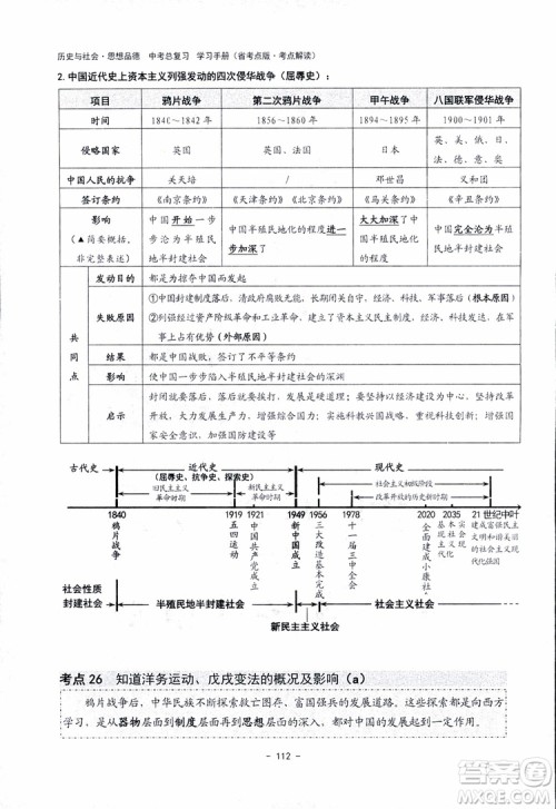 2018杨柳文化历史与社会思想品德中考总复习学习手册考点解读省考点版参考答案