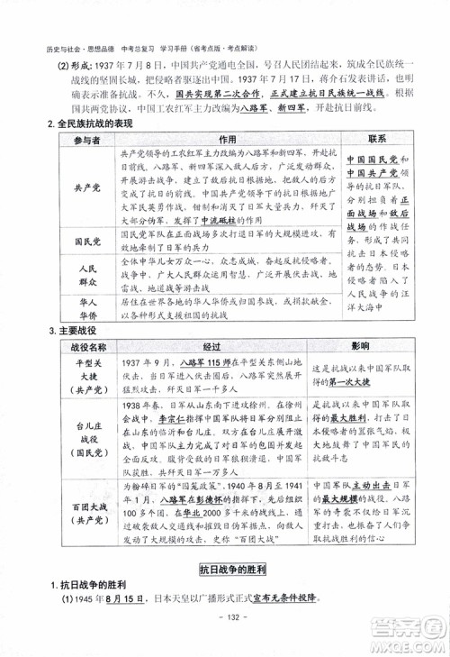 2018杨柳文化历史与社会思想品德中考总复习学习手册考点解读省考点版参考答案