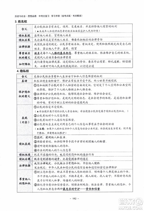 2018杨柳文化历史与社会思想品德中考总复习学习手册考点解读省考点版参考答案