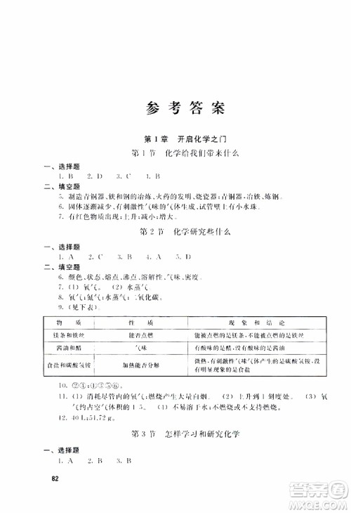 2018版化学九年级上册学生同步学习手册参考答案