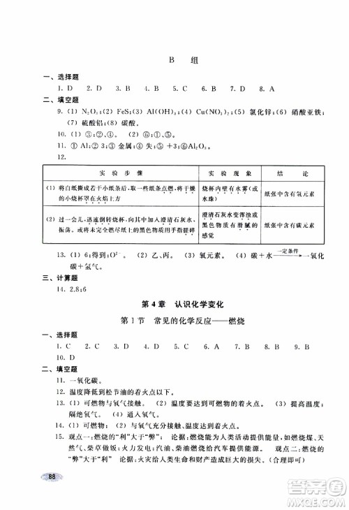 2018版化学九年级上册学生同步学习手册参考答案